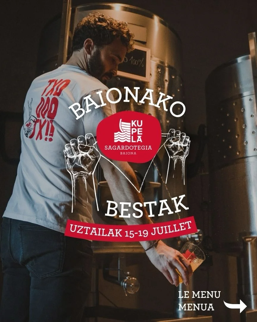 Menu cidrerie spécial Baionako Bestak 2026 au Kupela Sagardotegia
