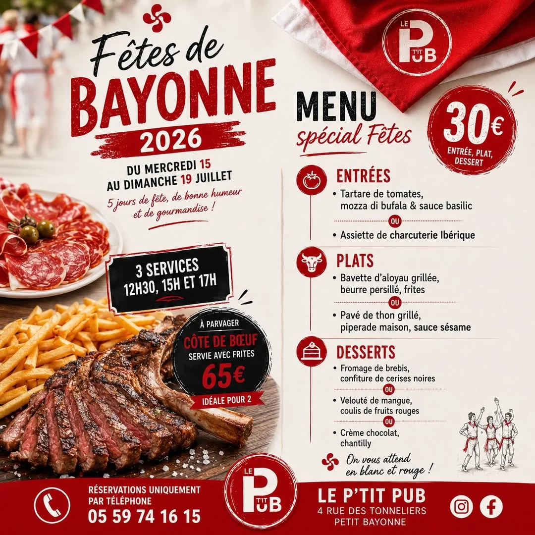 Menu spécial Fêtes de Bayonne 2026 au P’tit Pub