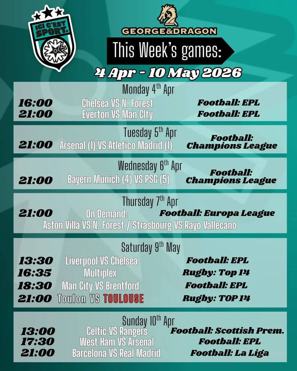 Week-end sports au George & Dragon (matchs en direct)