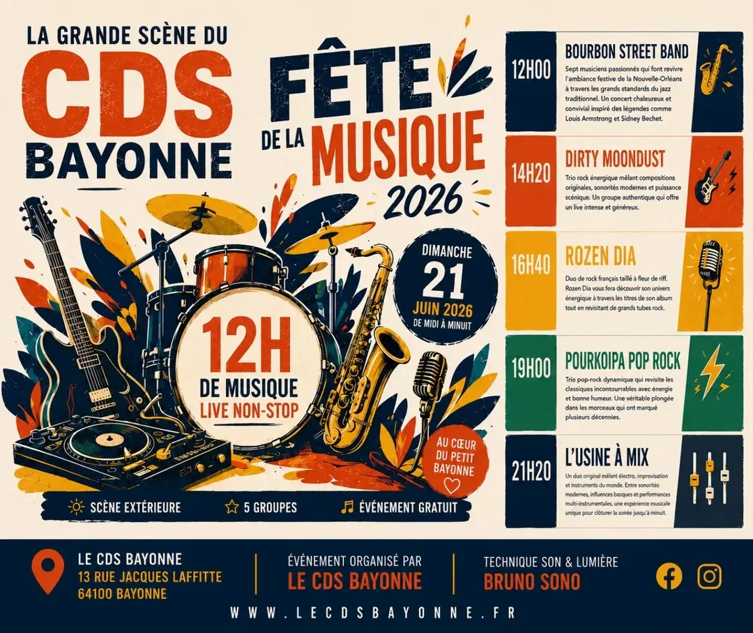 Fête de la Musique 2026 au CDS Bayonne (12h de live non-stop)