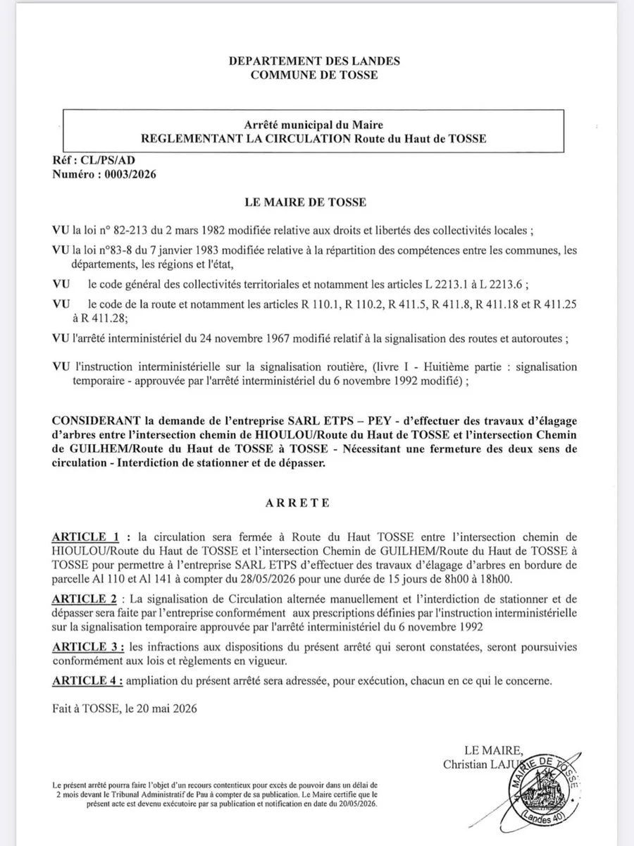 Fermeture de circulation – Route du Haut de Tosse (travaux d’élagage)